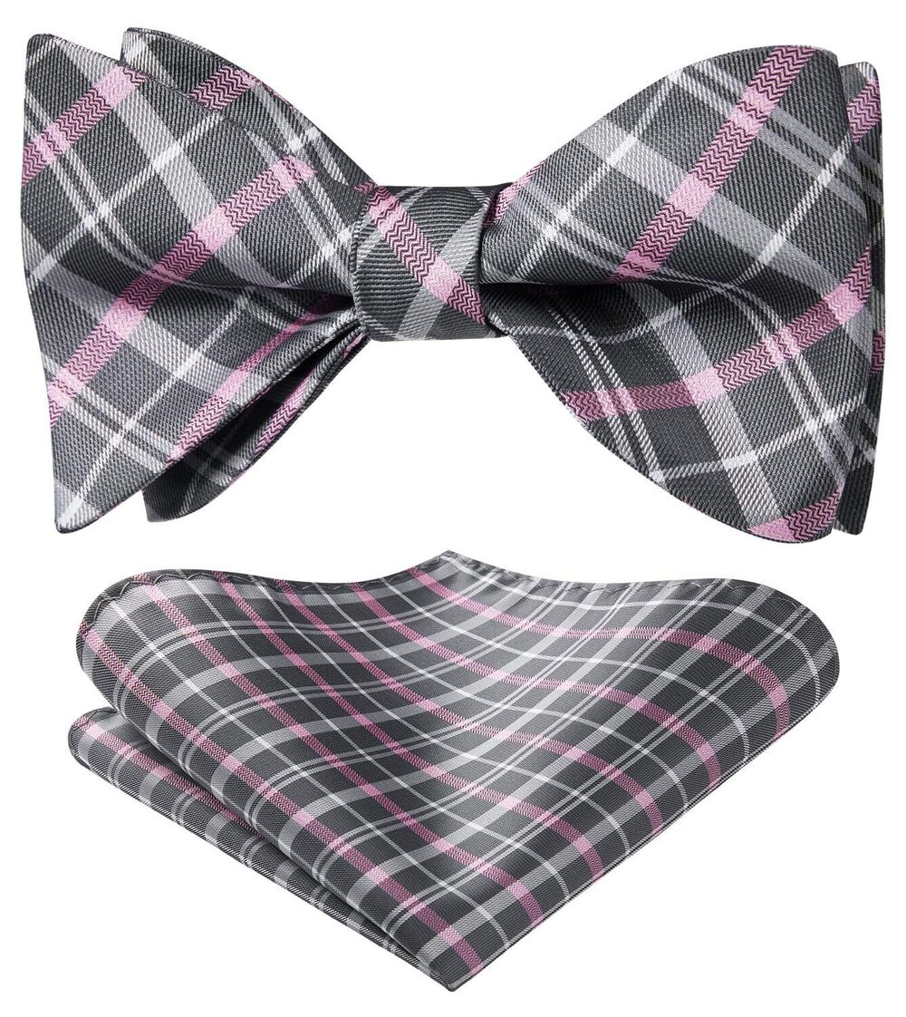 1047 Pink and Grey Bow Ties Check Plaid Self Tie Bow Tie and Pocket Square